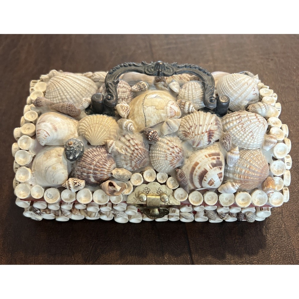 Seashell Trinket Box Jewelry Casket Red Velvet Lined Vintage Handmade